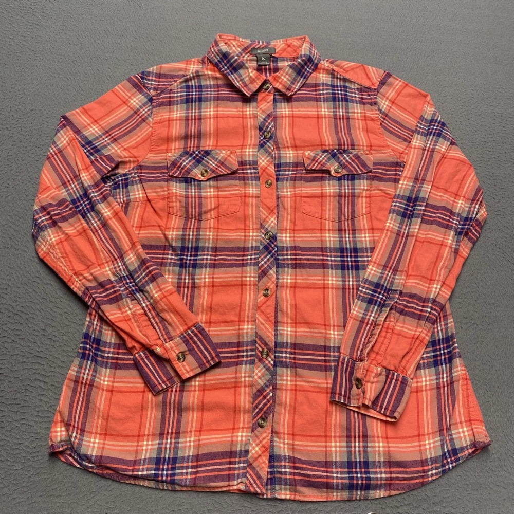 Eddie Bauer Shirt Womens L Orange Plaid Cotton Flannel Long Sleeve Button Up